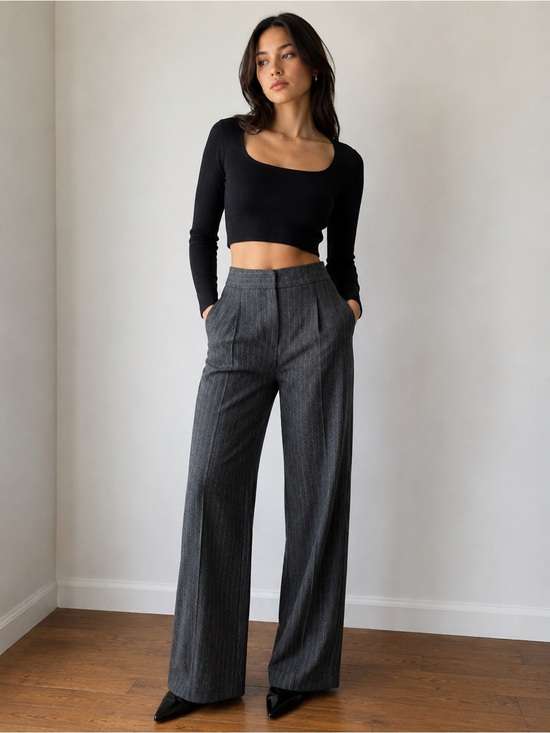 Dynamite Pants - Dynamite Pinstripe Wide‑Leg Trousers – Charcoal Gray, Size 4